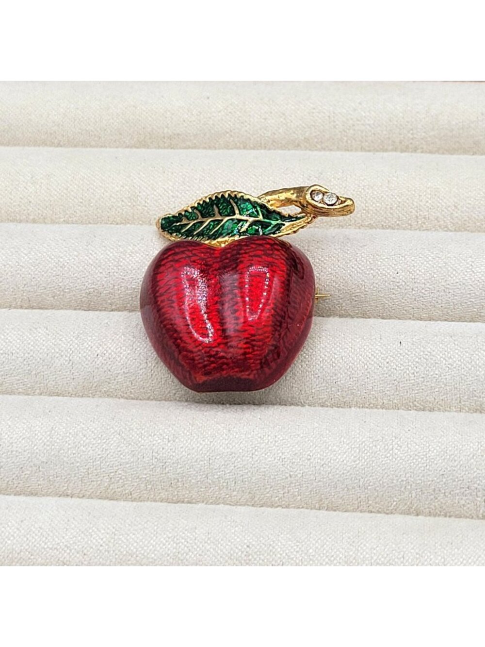 Vintage Red Enameled Apple Brooch Pin Glossy Green Enamel Leaf Crystal Accents